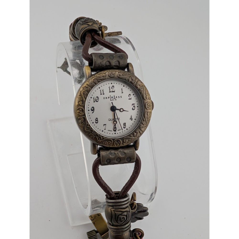 LA Express Women's Watch Decorative Ornate Case Leather Beaded Band- New Battery